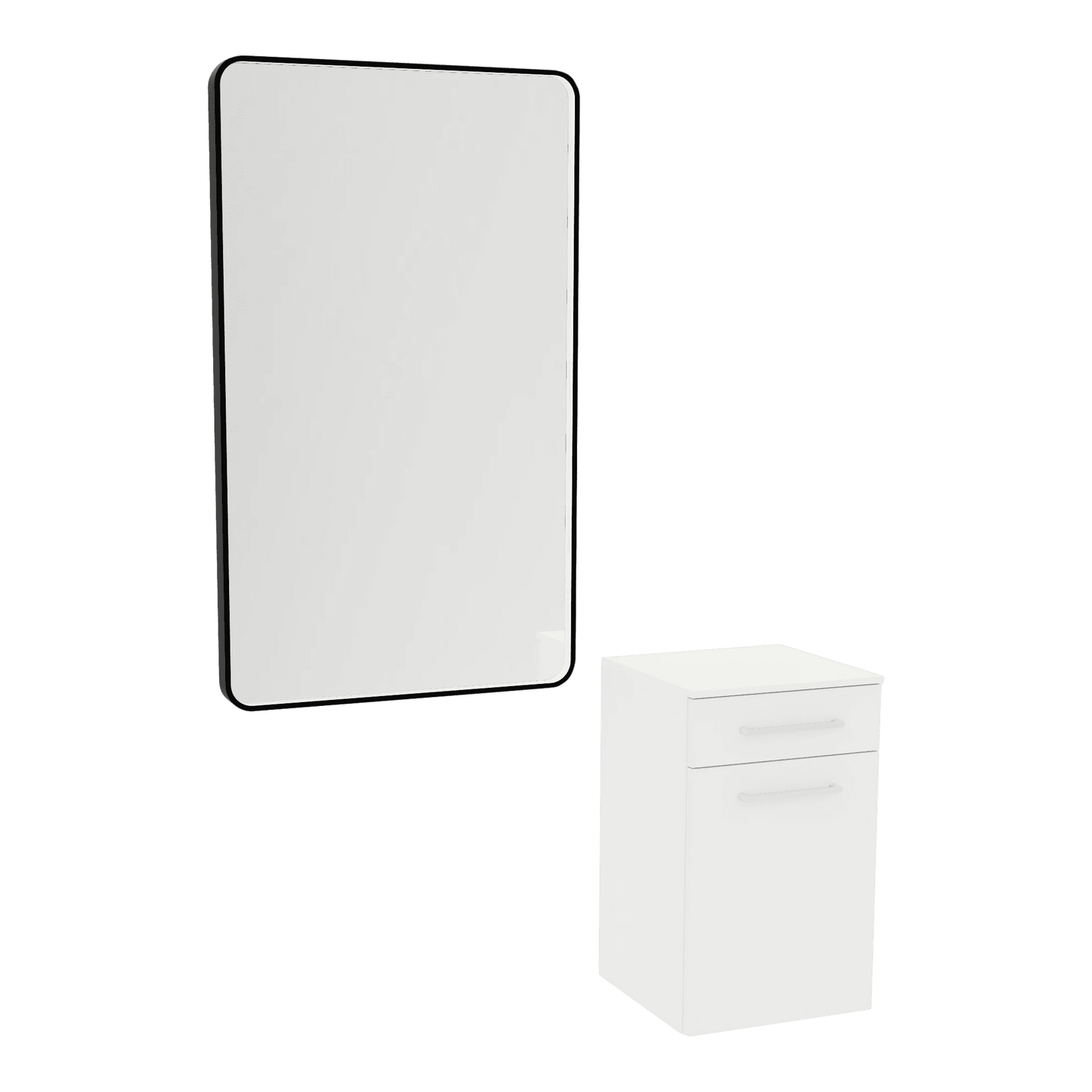 Glo Laminate Wall Mount Styling Station with Solid Surface Countertop, Tilt-Out Appliance Holder, and Westin Rectangle Mirror - Kaemark