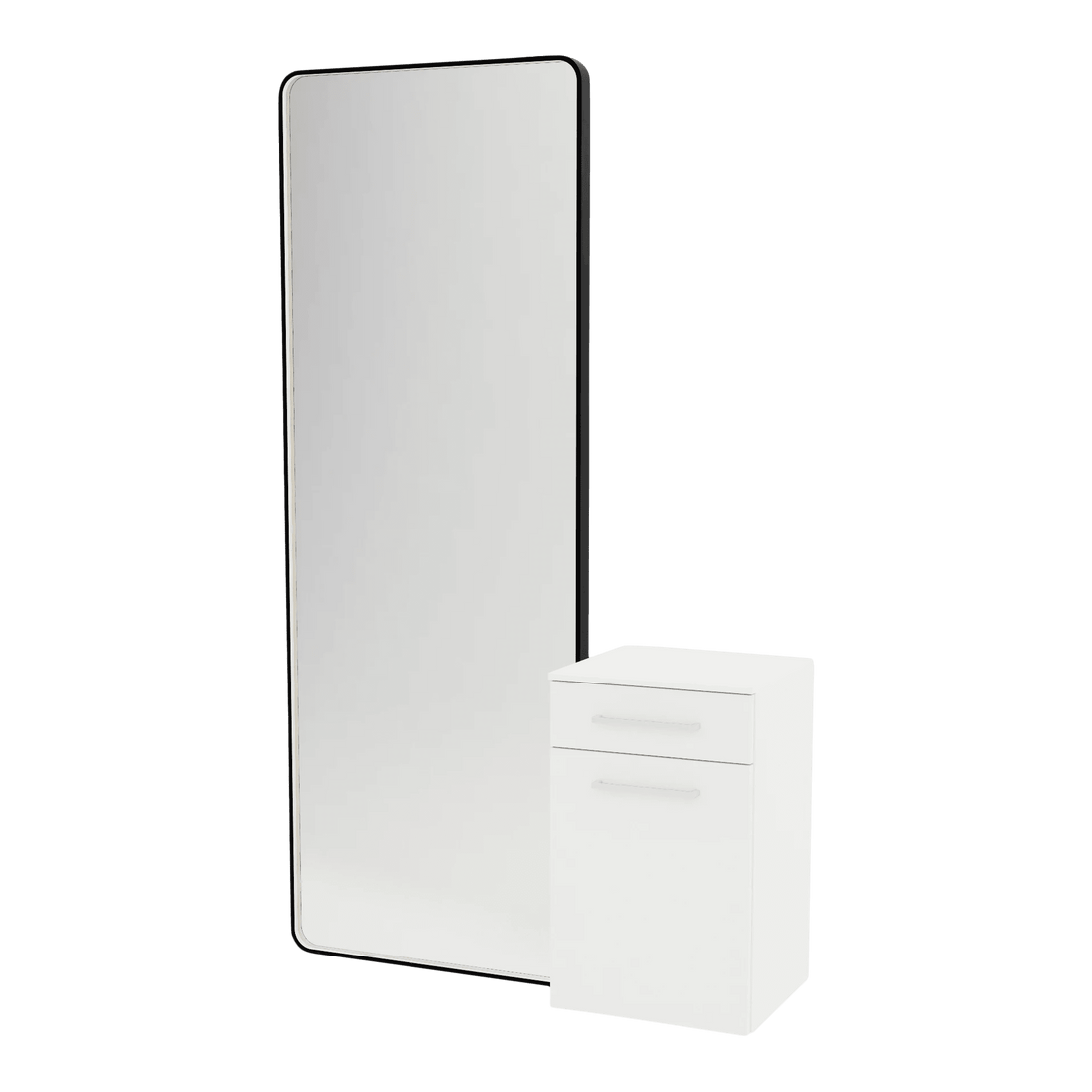 Glo Wall Mount Styling Station with Tilt-out Appliance Holder, Solid Surface Countertop, and Black Full-Length Rectangle Westin Mirror - Kaemark