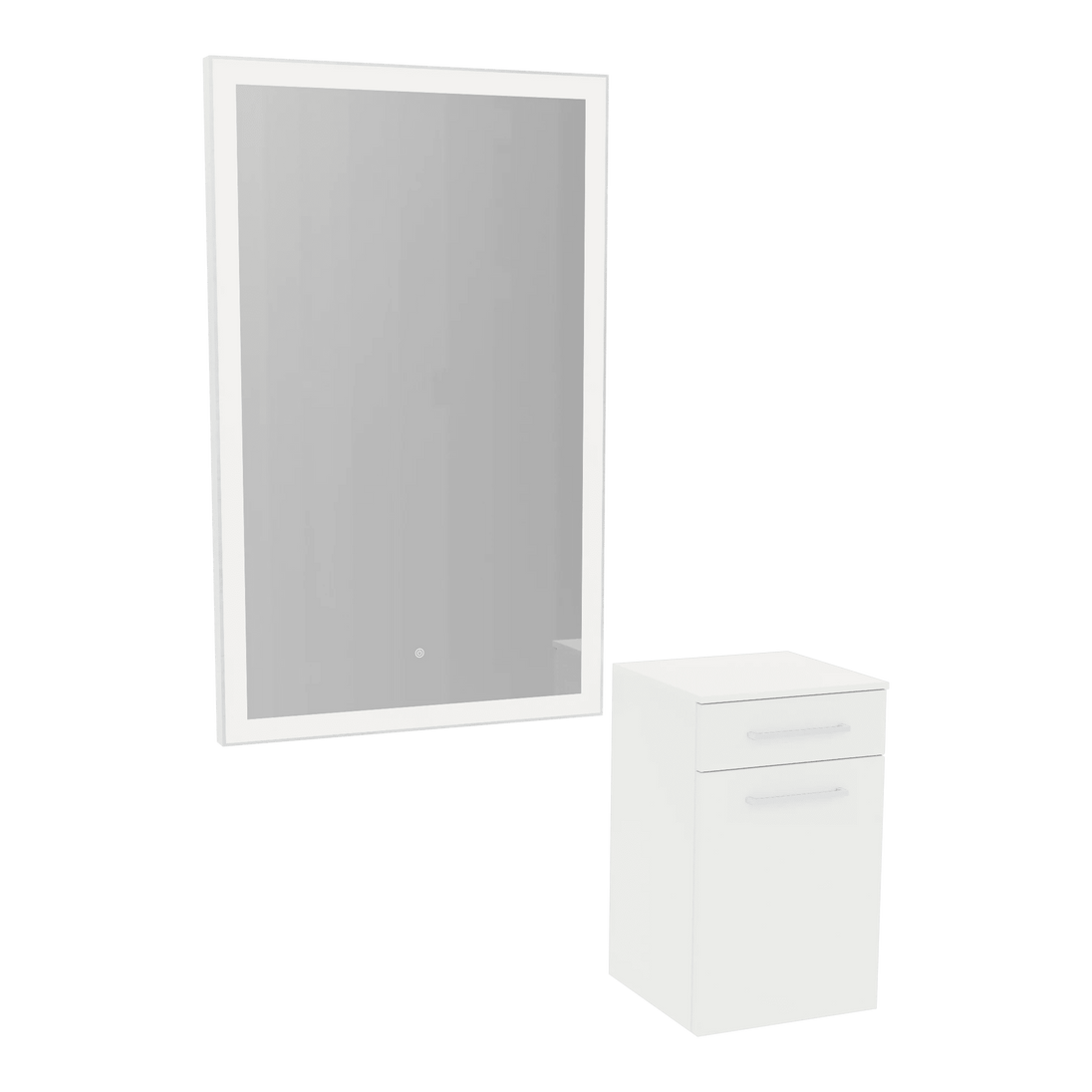 Glo Wall Mount Styling Station with Tilt-out Appliance Holder, Solid Surface Countertop, and Silver Rectangle Glo Mirror - Kaemark