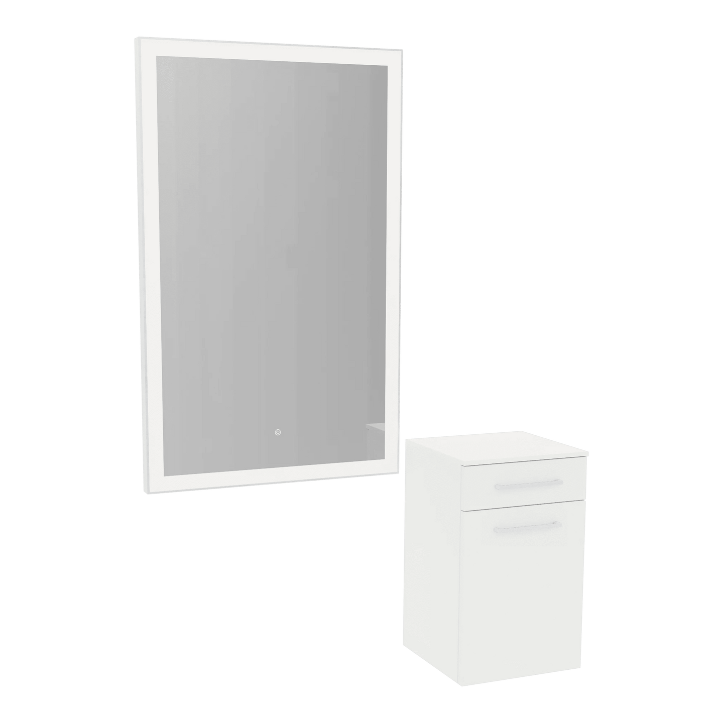Glo Wall Mount Styling Station with Tilt-out Appliance Holder, Solid Surface Countertop, and Silver Rectangle Glo Mirror - Kaemark