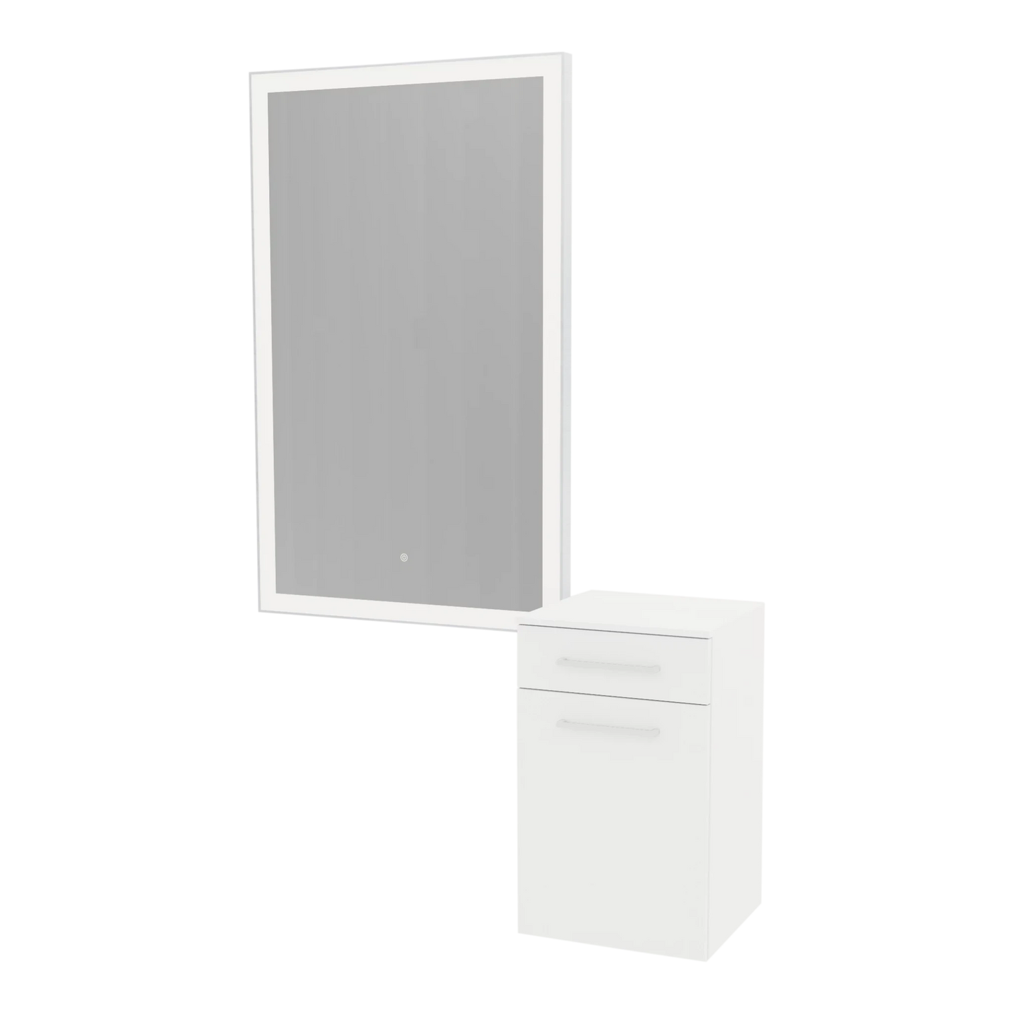 Glo Wall Mount Styling Station with Tilt-out Appliance Holder, Solid Surface Countertop, and Silver Rectangle Glo Mirror - Kaemark
