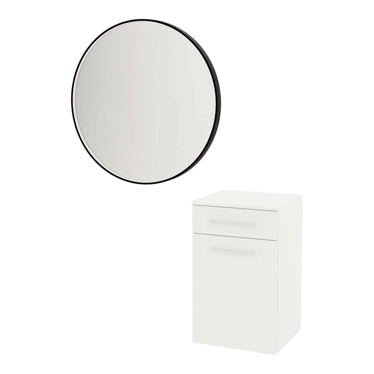 Glo Wall Mount Styling Station with Tilt-out Appliance Holder, Solid Surface Countertop, and Black Round Westin Mirror - Kaemark
