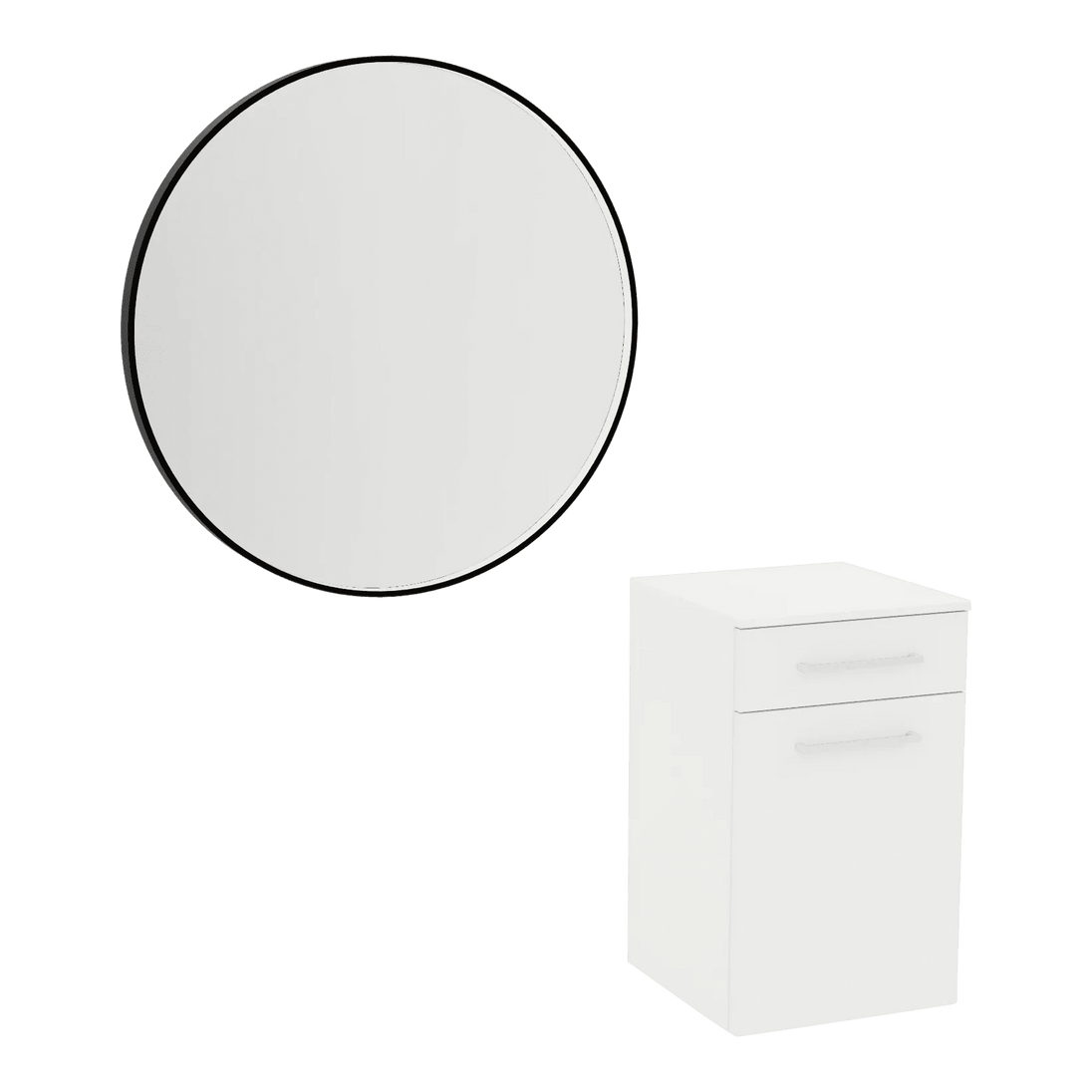 Glo Wall Mount Styling Station with Tilt-out Appliance Holder, Solid Surface Countertop, and Black Round Westin Mirror - Kaemark