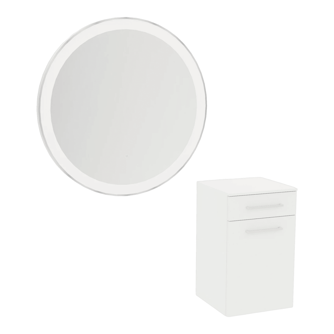 Glo Wall Mount Styling Station with Tilt-out Appliance Holder, Solid Surface Countertop, and Silver Round Glo Mirror - Kaemark
