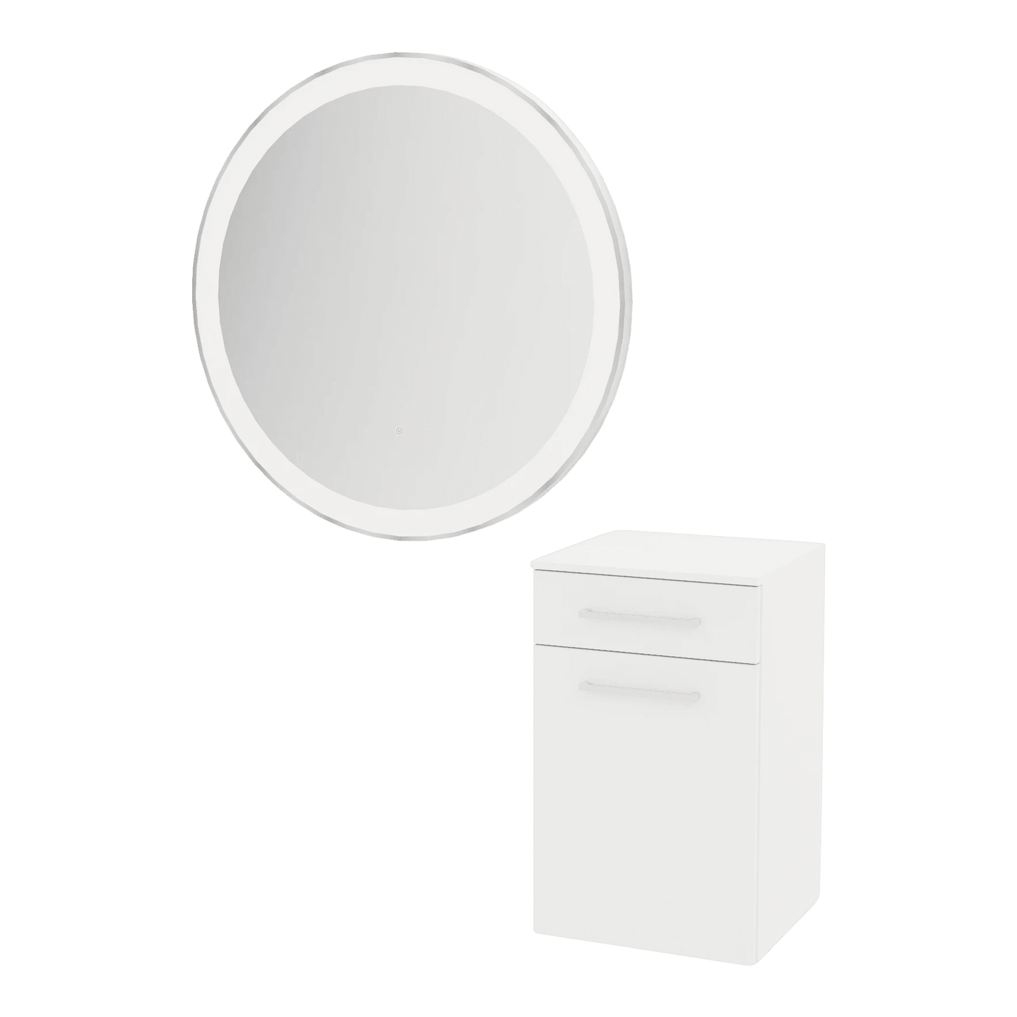 Glo Wall Mount Styling Station with Tilt-out Appliance Holder, Solid Surface Countertop, and Silver Round Glo Mirror - Kaemark