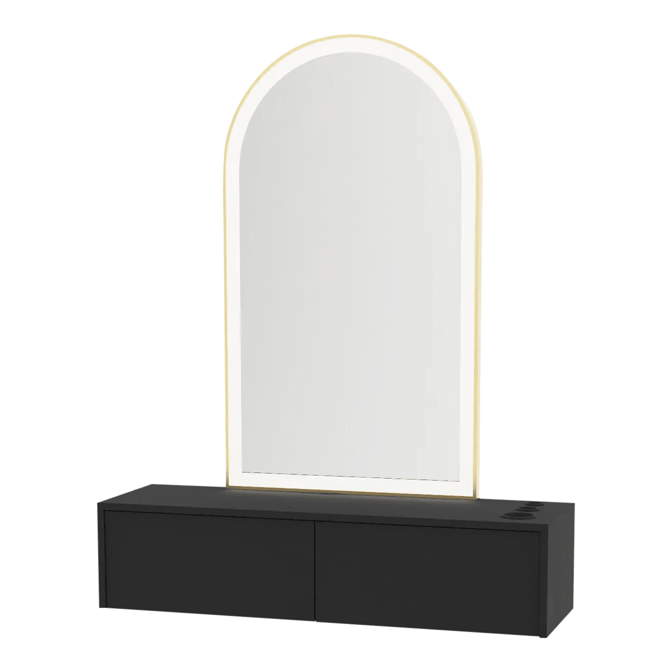 Glo Wall Mount Styling Station with Nestled Appliance Holder and Gold Arch Paloma Mirror - Kaemark