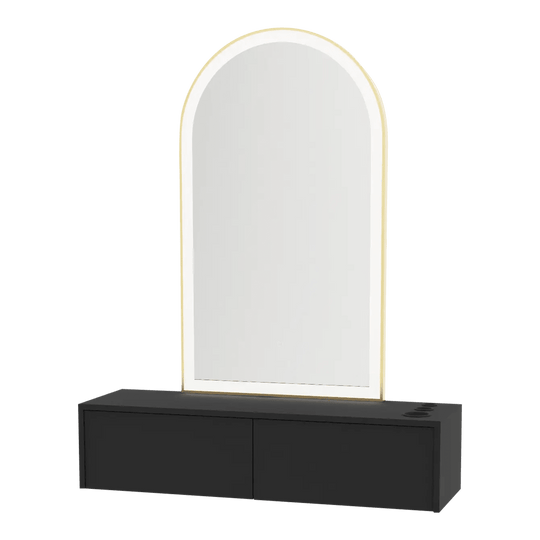 Glo Wall Mount Styling Station with Nestled Appliance Holder and Gold Arch Paloma Mirror - Kaemark