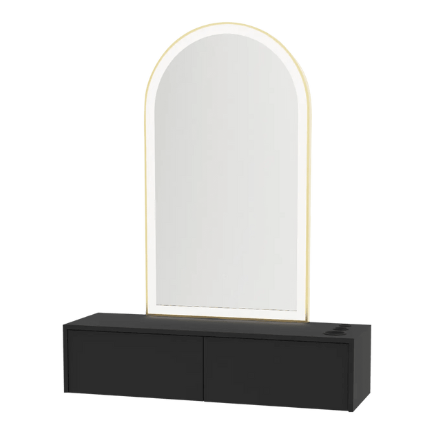 Glo Wall Mount Styling Station with Nestled Appliance Holder and Gold Arch Paloma Mirror - Kaemark