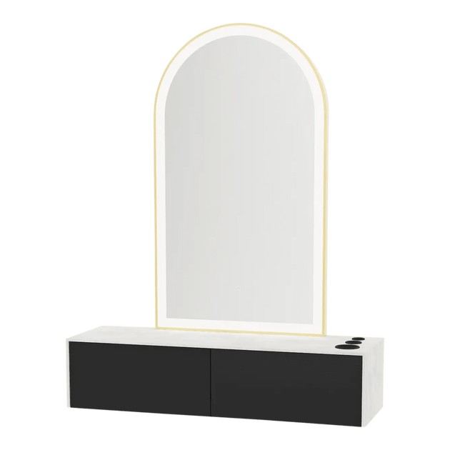 Glo Wall Mount Styling Station with Nestled Appliance Holder, Solid Surface Countertop, and Gold Arch Paloma Mirror - Kaemark