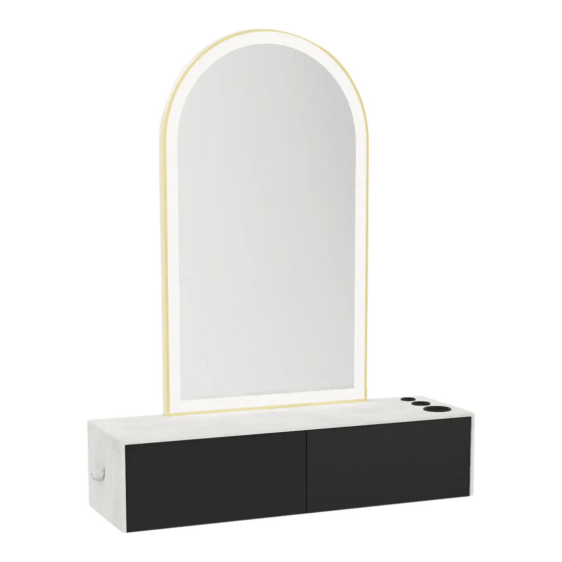 Glo Wall Mount Styling Station with Nestled Appliance Holder, Solid Surface Countertop, and Gold Arch Paloma Mirror - Kaemark