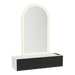 Glo Wall Mount Styling Station with Nestled Appliance Holder, Solid Surface Countertop, and Gold Arch Paloma Mirror - Kaemark