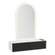 Glo Wall Mount Styling Station with Nestled Appliance Holder, Solid Surface Countertop, and Gold Arch Paloma Mirror - Kaemark