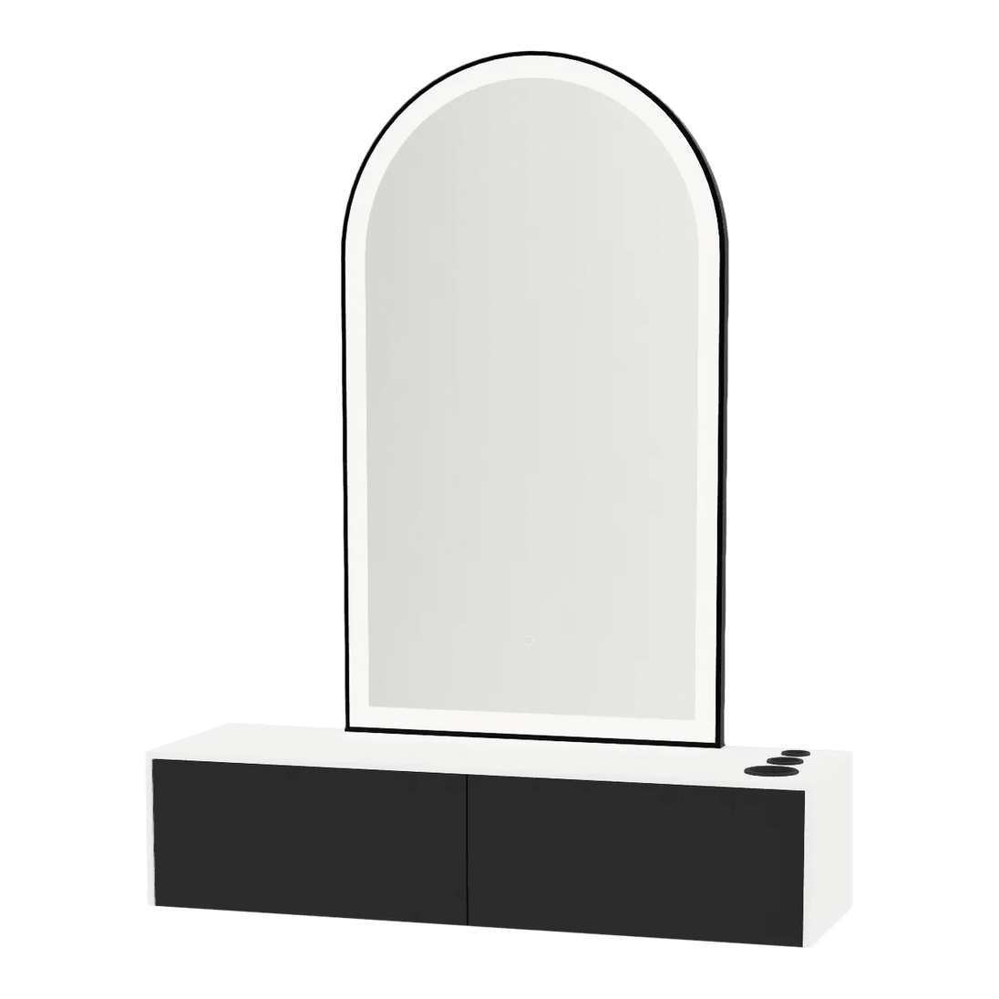 Glo Wall Mount Styling Station with Nestled Appliance Holder, Solid Surface Countertop, and Black Arch Paloma Mirror - Kaemark