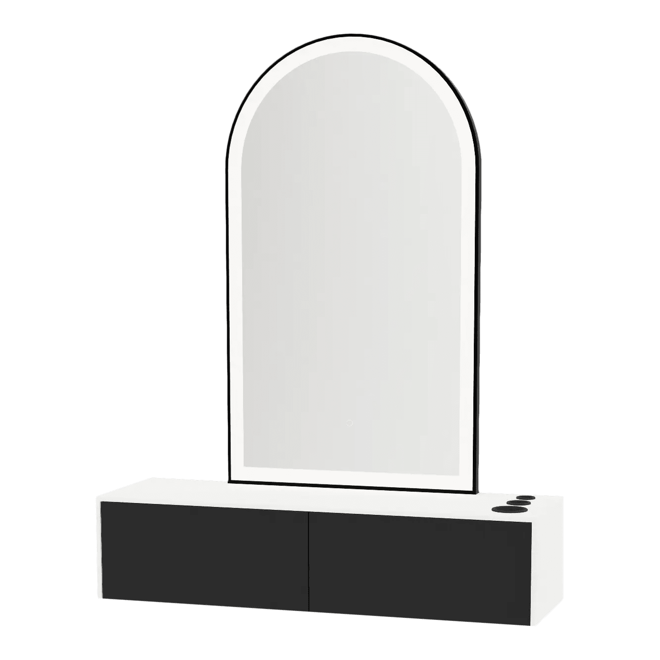 Glo Wall Mount Styling Station with Nestled Appliance Holder, Solid Surface Countertop, and Black Arch Paloma Mirror - Kaemark