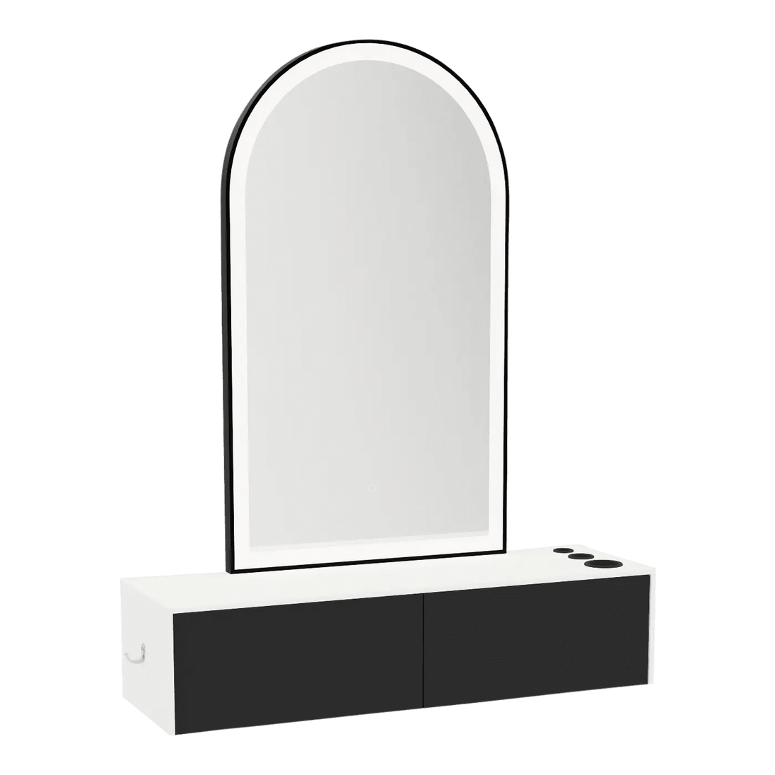 Glo Wall Mount Styling Station with Nestled Appliance Holder, Solid Surface Countertop, and Black Arch Paloma Mirror - Kaemark