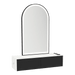 Glo Wall Mount Styling Station with Nestled Appliance Holder, Solid Surface Countertop, and Black Arch Paloma Mirror - Kaemark
