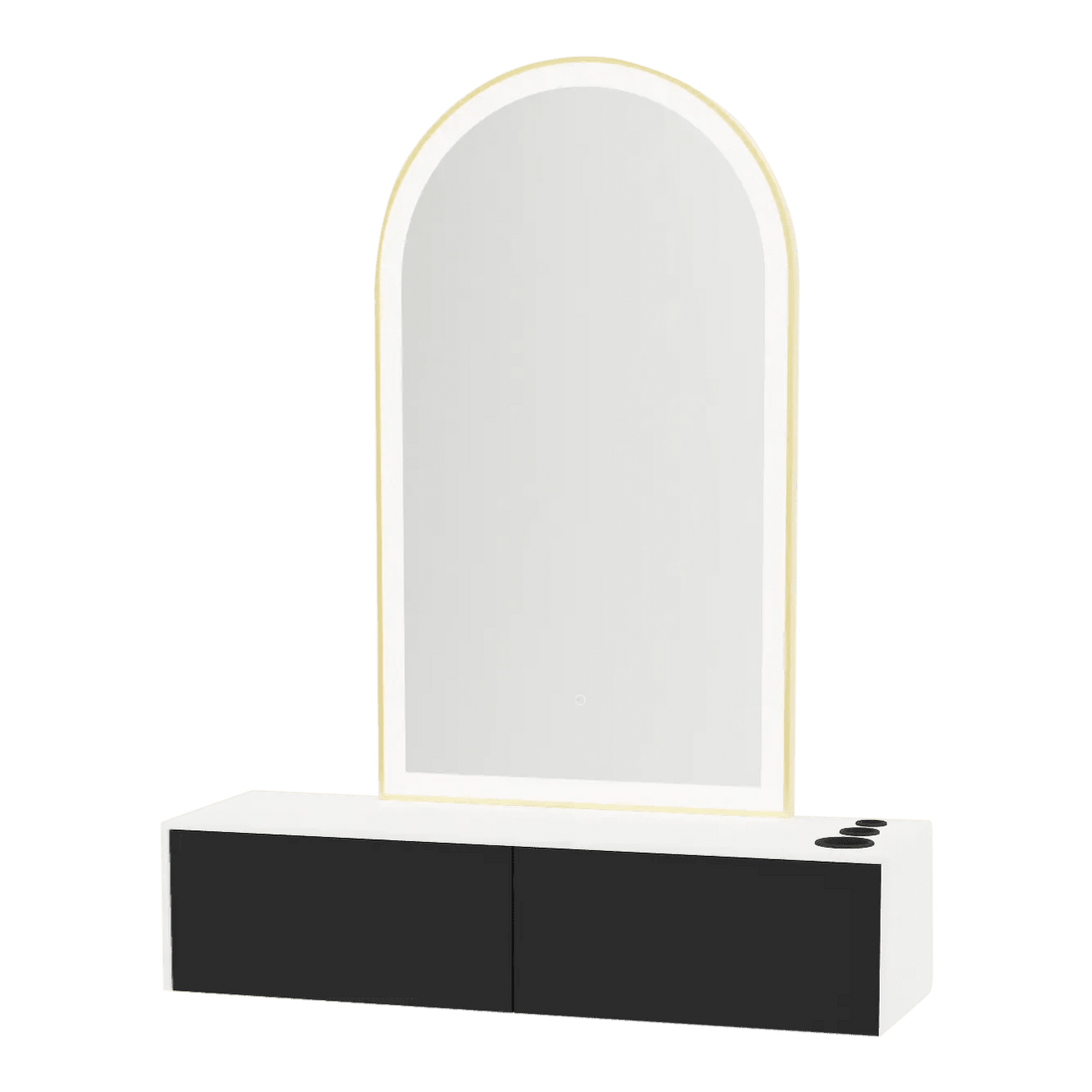 Glo Wall Mount Styling Station with Nestled Appliance Holder, Solid Surface Countertop, and Gold Arch Paloma Mirror - Kaemark