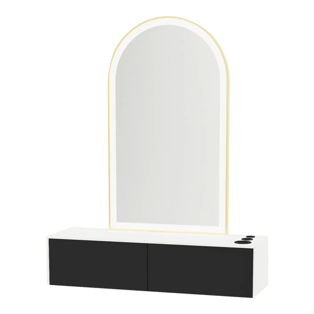 Glo Wall Mount Styling Station with Nestled Appliance Holder, Solid Surface Countertop, and Gold Arch Paloma Mirror - Kaemark