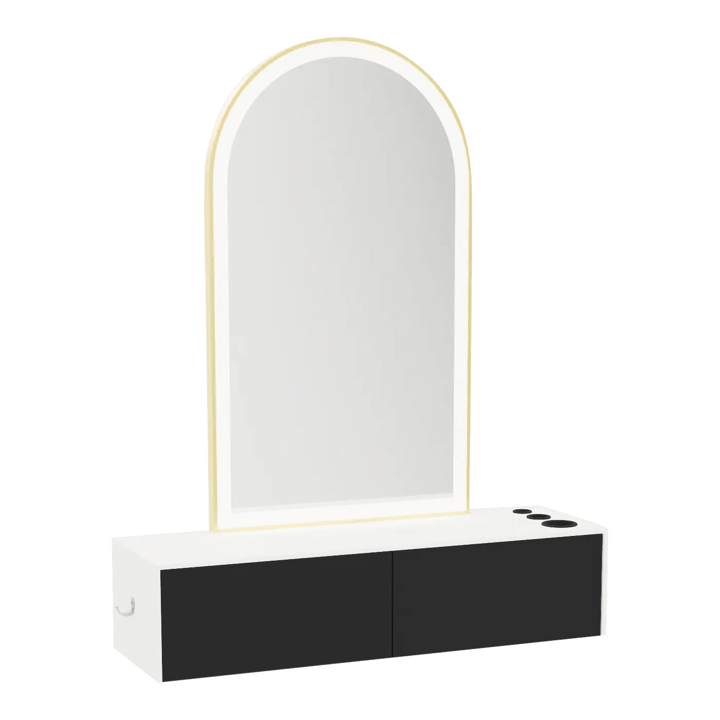 Glo Wall Mount Styling Station with Nestled Appliance Holder, Solid Surface Countertop, and Gold Arch Paloma Mirror - Kaemark