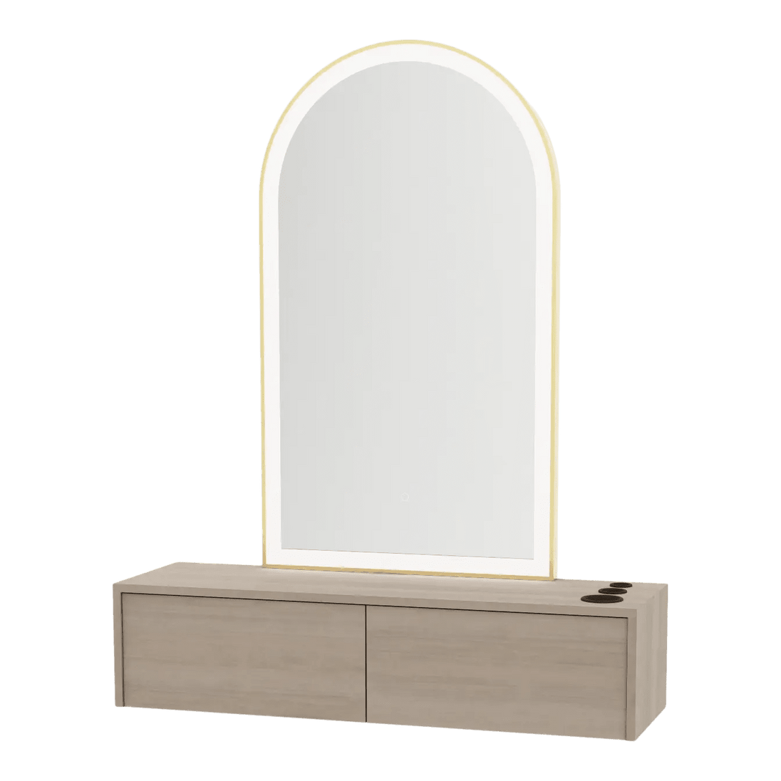 Glo Wall Mount Styling Station with Nestled Appliance Holder and Gold Arch Paloma Mirror - Kaemark