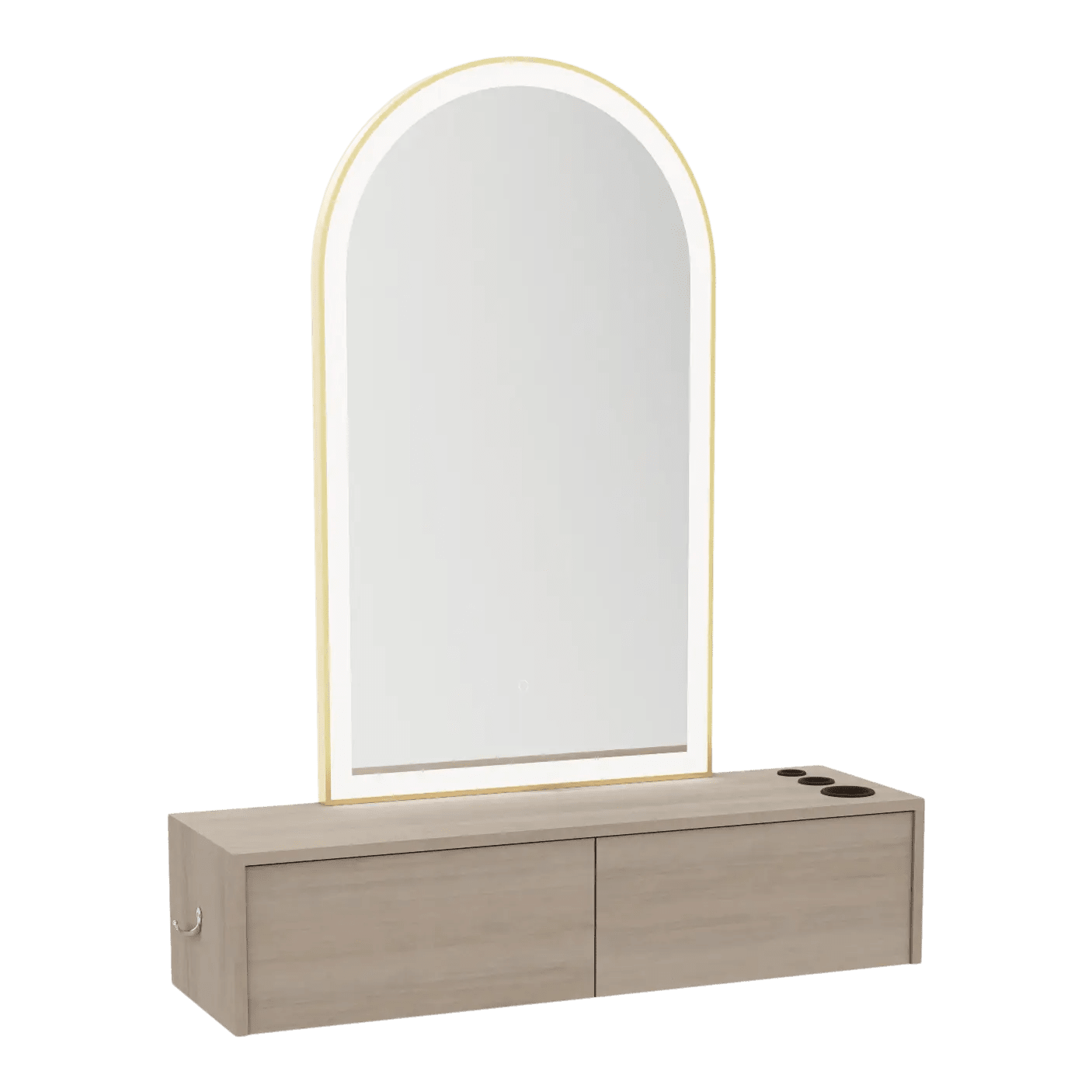 Glo Wall Mount Styling Station with Nestled Appliance Holder and Gold Arch Paloma Mirror - Kaemark