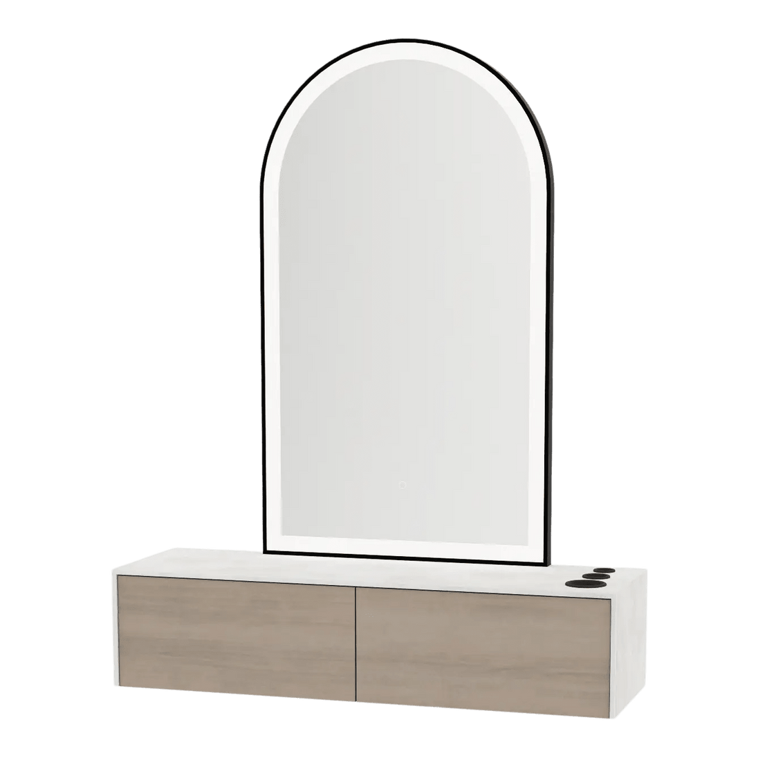 Glo Wall Mount Styling Station with Nestled Appliance Holder, Solid Surface Countertop, and Black Arch Paloma Mirror - Kaemark