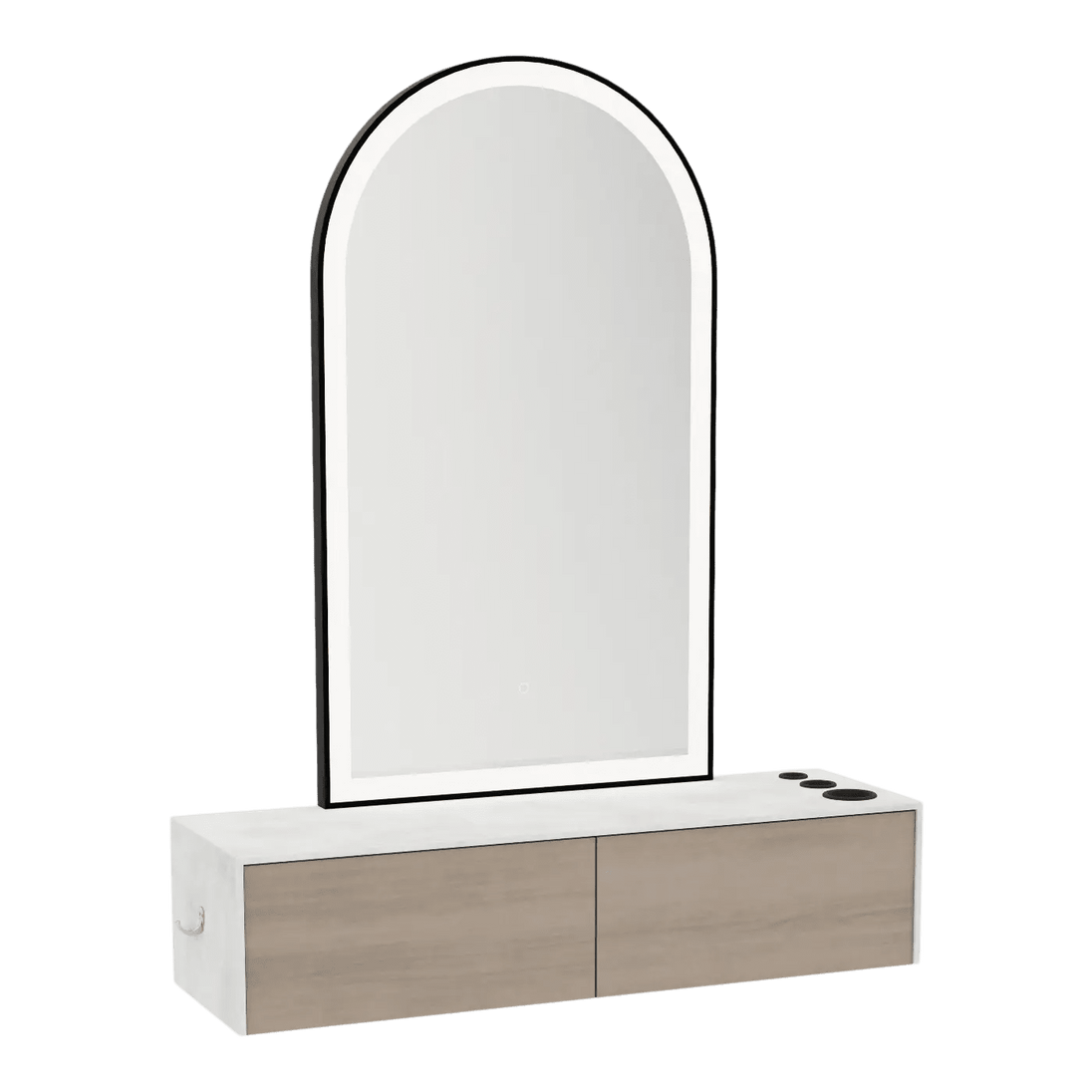 Glo Wall Mount Styling Station with Nestled Appliance Holder, Solid Surface Countertop, and Black Arch Paloma Mirror - Kaemark
