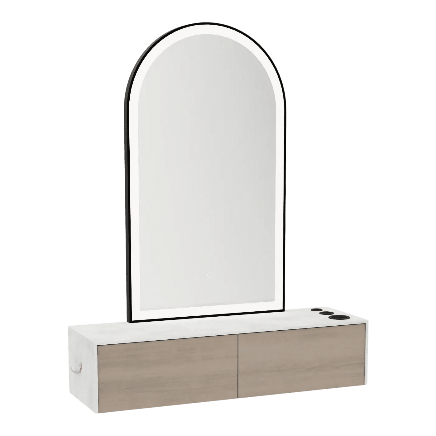 Glo Wall Mount Styling Station with Nestled Appliance Holder, Solid Surface Countertop, and Black Arch Paloma Mirror - Kaemark