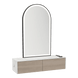 Glo Wall Mount Styling Station with Nestled Appliance Holder, Solid Surface Countertop, and Black Arch Paloma Mirror - Kaemark