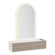 Glo Wall Mount Styling Station with Nestled Appliance Holder, Solid Surface Countertop, and Gold Arch Paloma Mirror - Kaemark