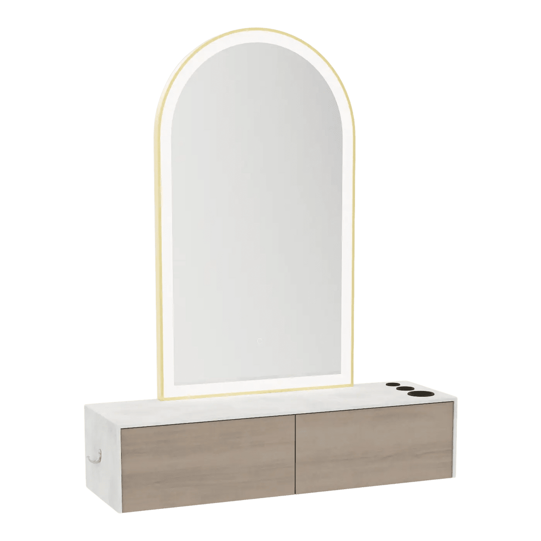 Glo Wall Mount Styling Station with Nestled Appliance Holder, Solid Surface Countertop, and Gold Arch Paloma Mirror - Kaemark