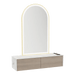 Glo Wall Mount Styling Station with Nestled Appliance Holder, Solid Surface Countertop, and Gold Arch Paloma Mirror - Kaemark