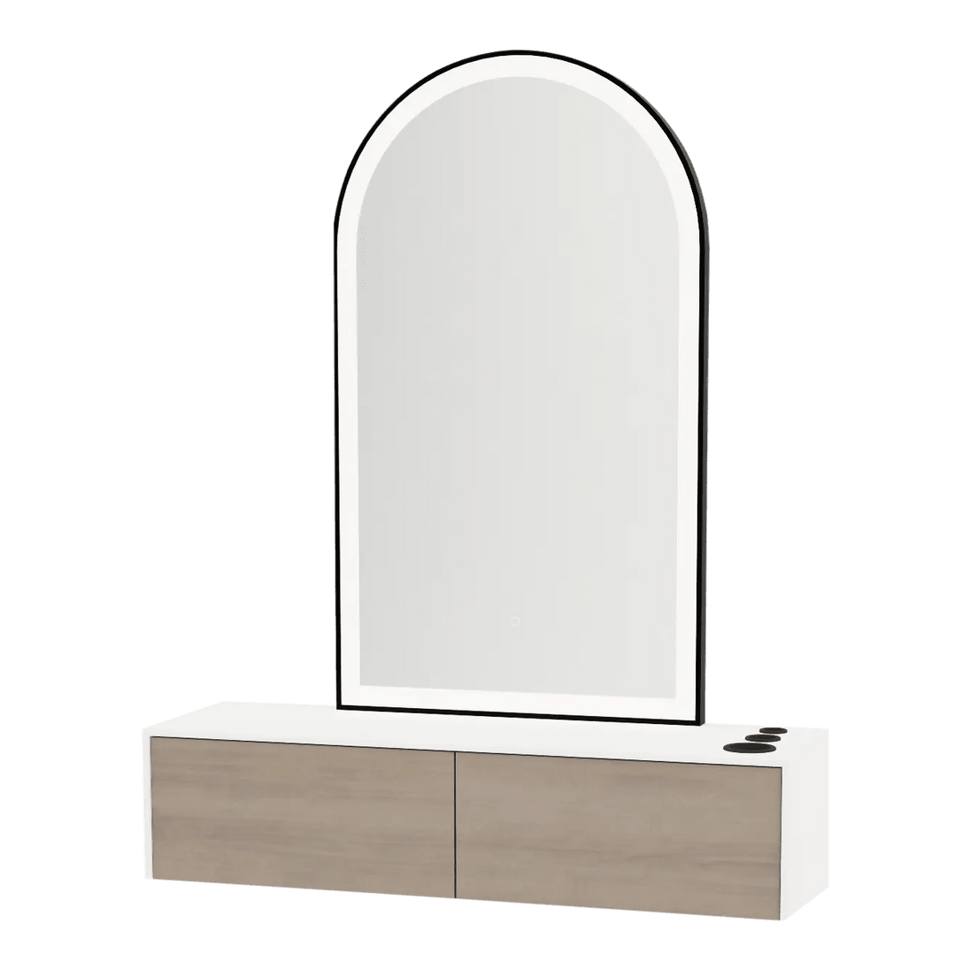 Glo Wall Mount Styling Station with Nestled Appliance Holder, Solid Surface Countertop, and Black Arch Paloma Mirror - Kaemark