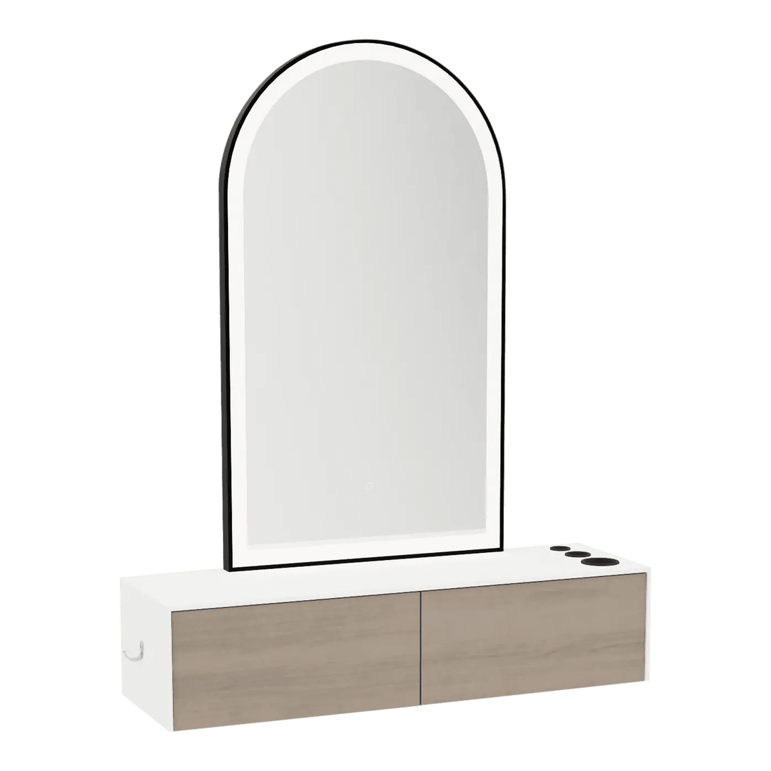 Glo Wall Mount Styling Station with Nestled Appliance Holder, Solid Surface Countertop, and Black Arch Paloma Mirror - Kaemark