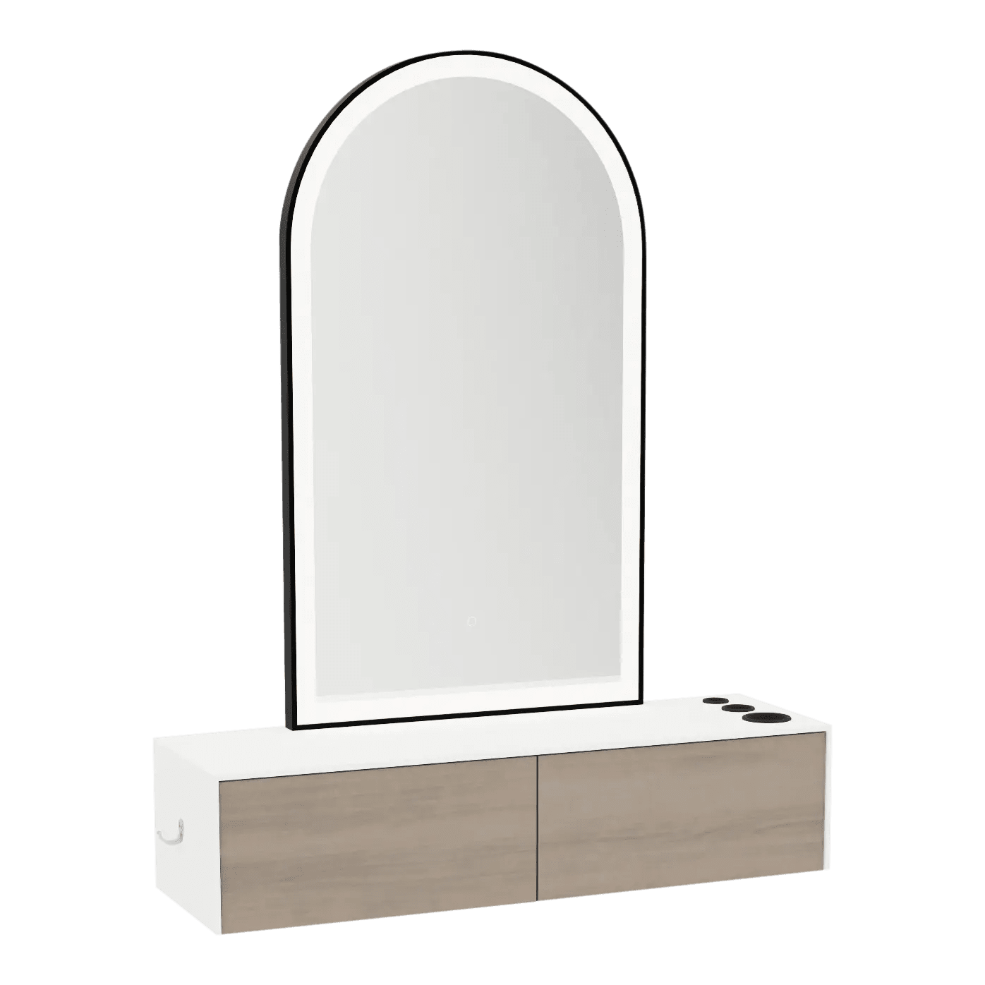 Glo Wall Mount Styling Station with Nestled Appliance Holder, Solid Surface Countertop, and Black Arch Paloma Mirror - Kaemark