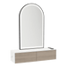 Glo Wall Mount Styling Station with Nestled Appliance Holder, Solid Surface Countertop, and Black Arch Paloma Mirror - Kaemark
