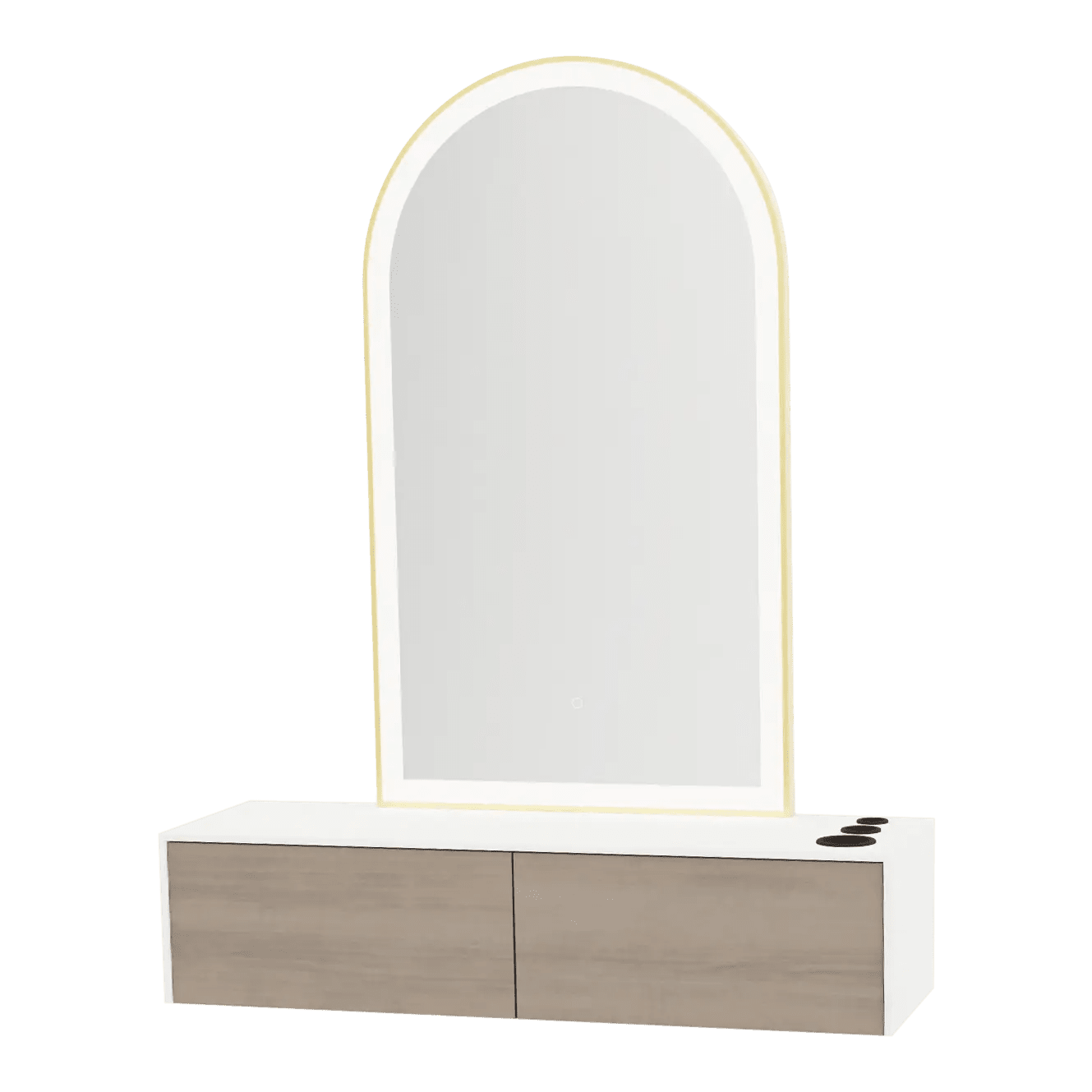 Glo Wall Mount Styling Station with Nestled Appliance Holder, Solid Surface Countertop, and Gold Arch Paloma Mirror - Kaemark