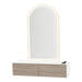 Glo Wall Mount Styling Station with Nestled Appliance Holder, Solid Surface Countertop, and Gold Arch Paloma Mirror - Kaemark