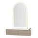Glo Wall Mount Styling Station with Nestled Appliance Holder, Solid Surface Countertop, and Gold Arch Paloma Mirror - Kaemark