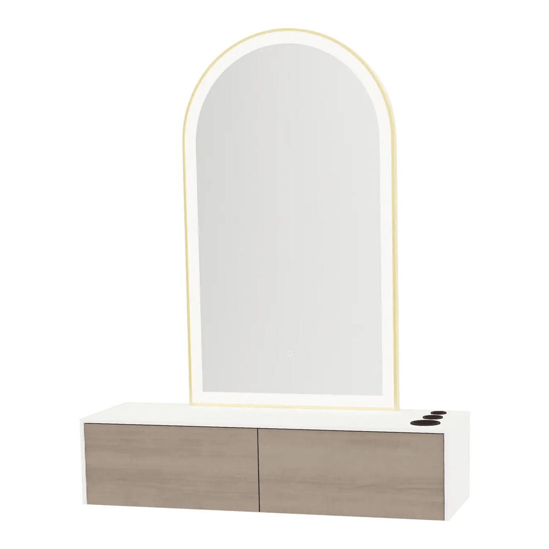 Glo Wall Mount Styling Station with Nestled Appliance Holder, Solid Surface Countertop, and Gold Arch Paloma Mirror - Kaemark