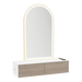 Glo Wall Mount Styling Station with Nestled Appliance Holder, Solid Surface Countertop, and Gold Arch Paloma Mirror - Kaemark