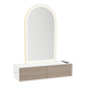 Glo Wall Mount Styling Station with Nestled Appliance Holder, Solid Surface Countertop, and Gold Arch Paloma Mirror - Kaemark