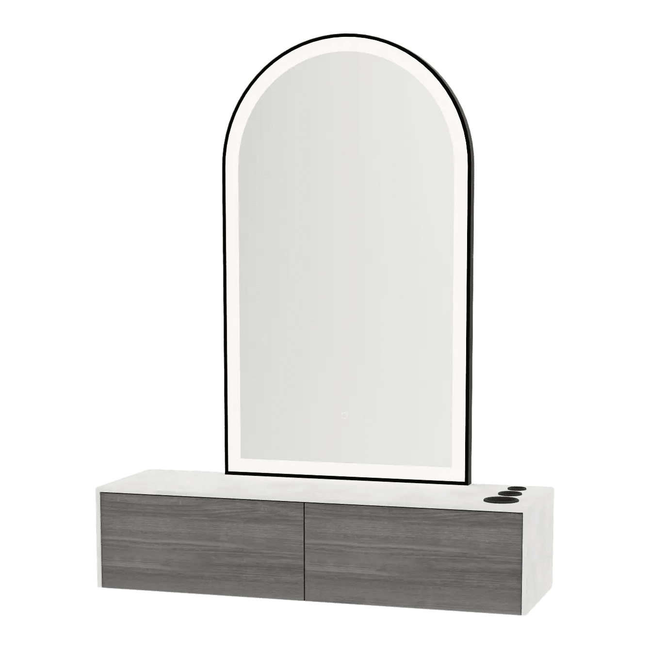 Glo Wall Mount Styling Station with Nestled Appliance Holder, Solid Surface Countertop, and Black Arch Paloma Mirror - Kaemark