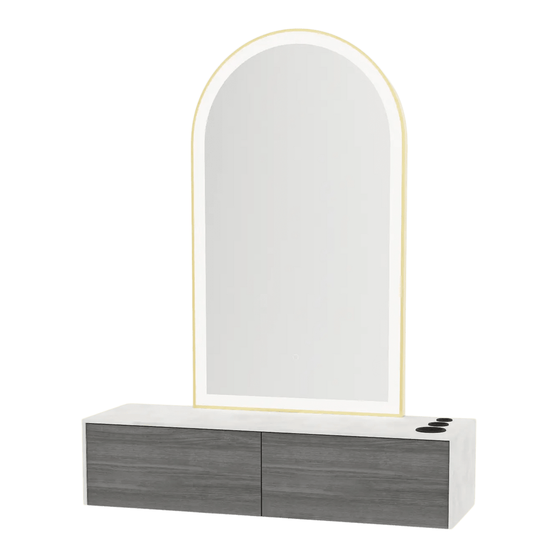 Glo Wall Mount Styling Station with Nestled Appliance Holder, Solid Surface Countertop, and Gold Arch Paloma Mirror - Kaemark