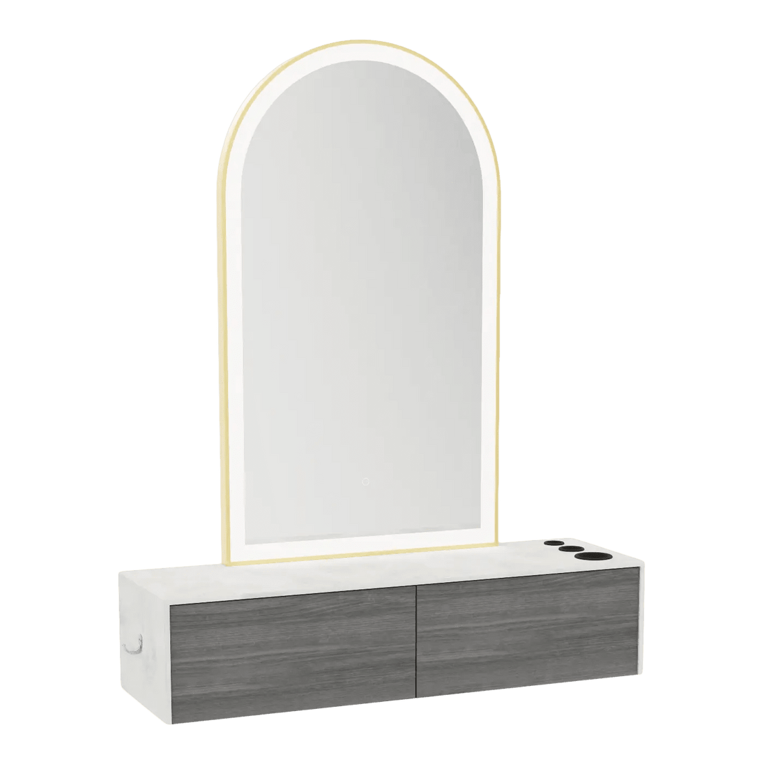 Glo Wall Mount Styling Station with Nestled Appliance Holder, Solid Surface Countertop, and Gold Arch Paloma Mirror - Kaemark