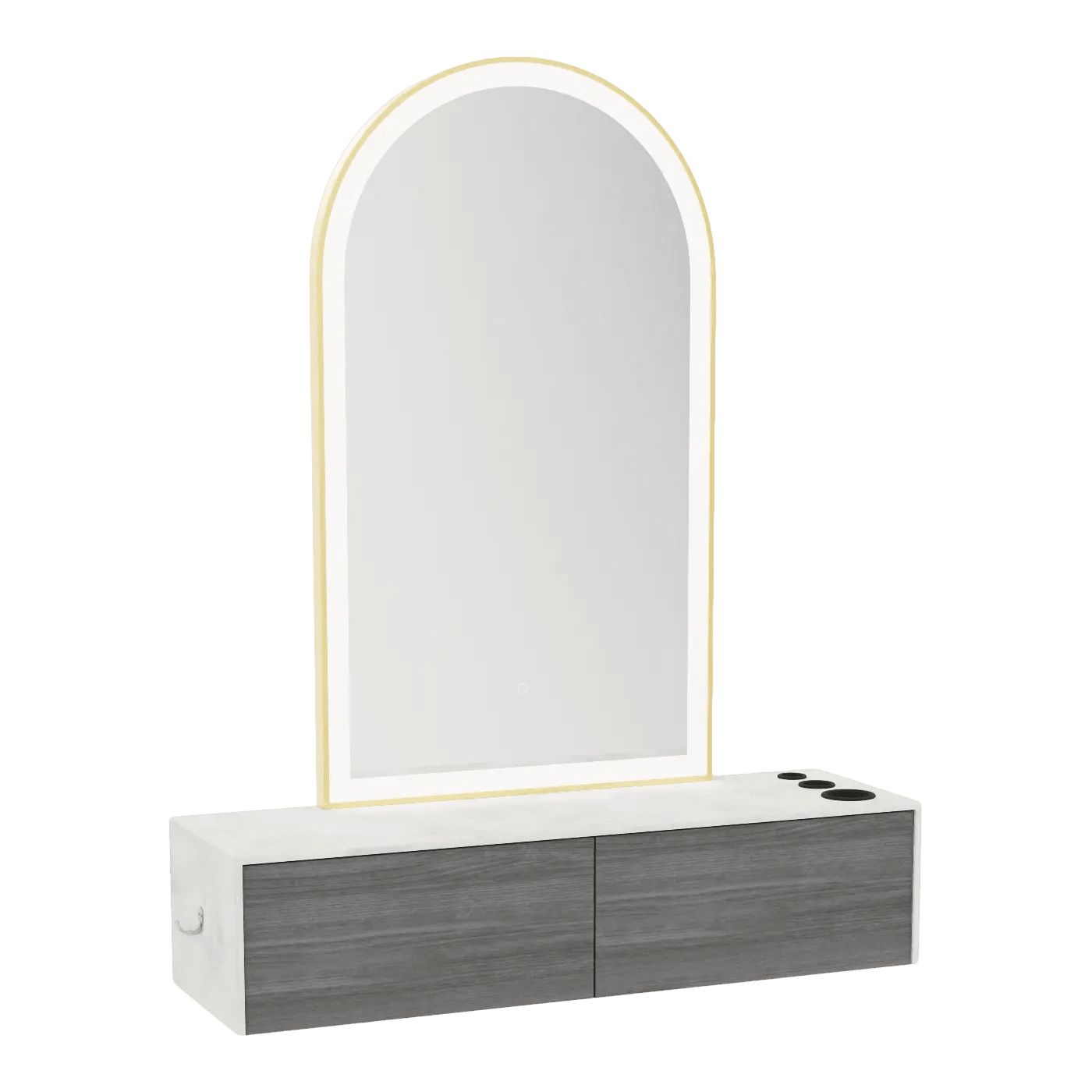 Glo Wall Mount Styling Station with Nestled Appliance Holder, Solid Surface Countertop, and Gold Arch Paloma Mirror - Kaemark