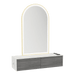 Glo Wall Mount Styling Station with Nestled Appliance Holder, Solid Surface Countertop, and Gold Arch Paloma Mirror - Kaemark