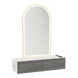 Glo Wall Mount Styling Station with Nestled Appliance Holder, Solid Surface Countertop, and Gold Arch Paloma Mirror - Kaemark