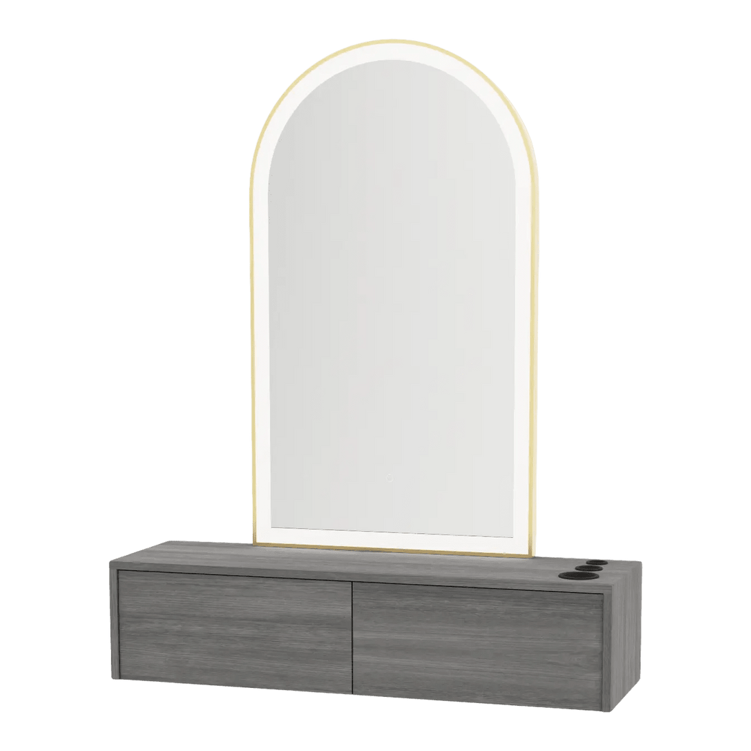 Glo Wall Mount Styling Station with Nestled Appliance Holder and Gold Arch Paloma Mirror - Kaemark