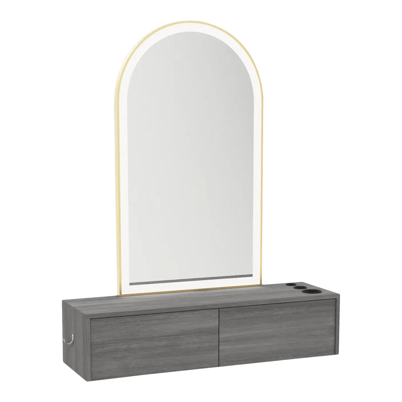 Glo Wall Mount Styling Station with Nestled Appliance Holder and Gold Arch Paloma Mirror - Kaemark